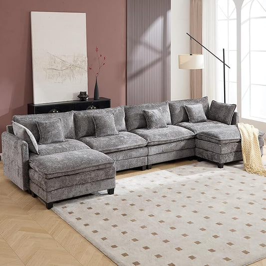 Plush Modular Cloud Sofa Set with Ottoman | L/U-Shaped Deep Seating Chenille Sectional for Family Living Room
