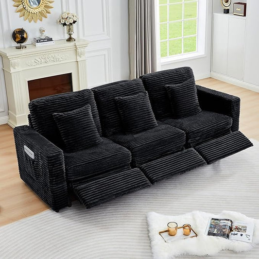 ORRD Power Reclining Sectional Sofa, Electric 3 Seat Recliner with 3 Electric Footrest and Adjustable Headrest, Modern Plush Corduroy Fluffy Reclining Sectional with Deep Seat for Living Room-Black