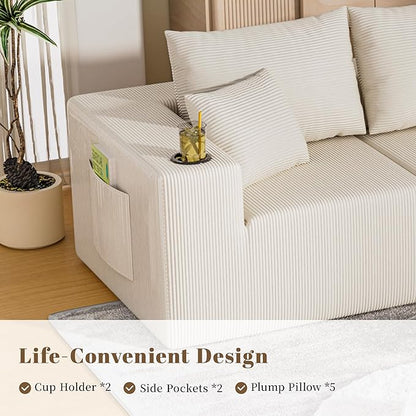 107" Cloud Sectional Couch, Modular Sectional Sofa with L-Shape Chaise, Corduroy Boneless Couch with Deep Seat, Upholstered Sofa for Living Room, No Assembly Required(Right-Facing Chaise, White)