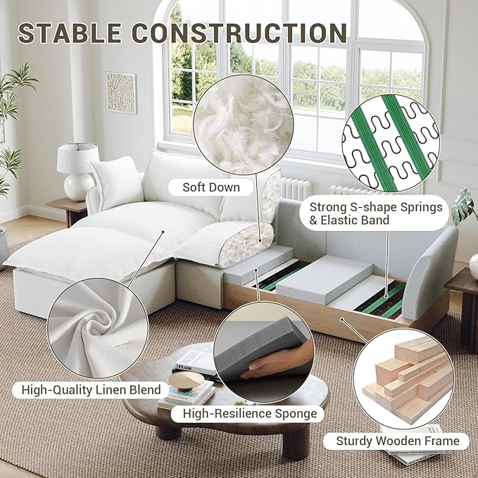 Oversized Cloud Modular Sectional Sofa, Comfy Down Filled Cloud Couch with Removable Cover, Deep Seat Armchair, Single Sofa Chair, Sectional Couches for Living Room, Cream White