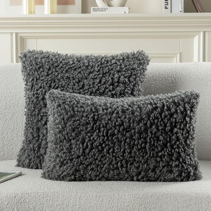 FUTEI Dark Grey Decorative Throw Pillow Covers 26x26 Inch Set of 2,Soft Fluffy Faux Wool Fur Boucle Textured Euro Pillow Shams,Modern Home Decor for Couch Bed Living Room Office