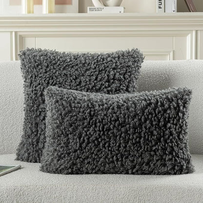 FUTEI Dark Grey Decorative Throw Pillow Covers 12x20 Inch Set of 2,Soft Fluffy Faux Wool Fur Boucle Textured Lumbar Pillow Case,Modern Home Decor for Couch Bed Living Room Office
