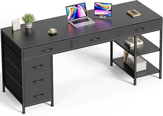 Huuger Computer Desk with 6 Drawers, 63 Inch Office Desk with Shelves, Reversible Gaming Desk, Corner Desk with Storage, for Home Office, Study, Living Room, Black
