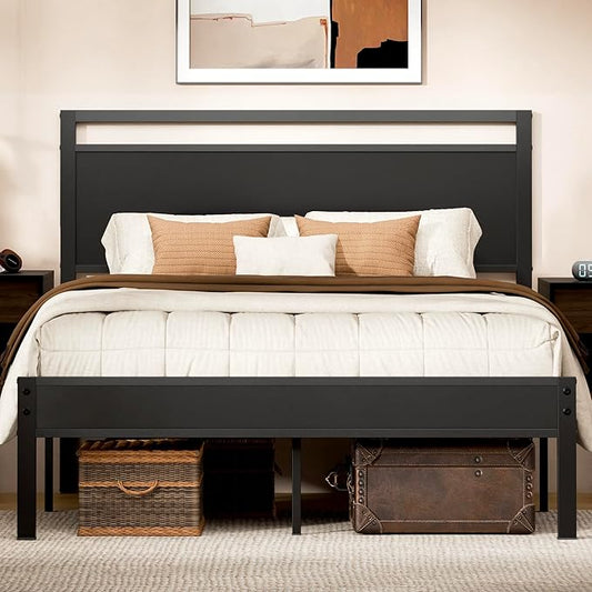 Z-hom Queen Bed Frame with Modern Wood Headboard & Footboard, Upgraded Heavy Duty Metal Sturdy Bed Frame Queen Size, Stable Platform Bed Furniture Bed Storage, No Noise, No Box Springs, Black
