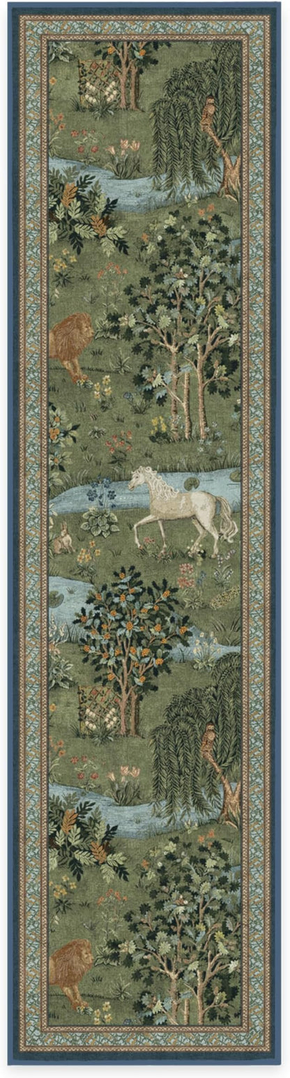 RUGGABLE x Morris & Co Machine Washable Runner Rug – Owl & Willow Green 2.5x10, Stain-Resistant, Non-Slip – Washable Rug for Hallway, Entryway, Living Room & Kitchen–with Cushioned Pad