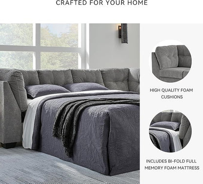 Signature Design by Ashley Marleton Contemporary Right-Arm Facing Tufted 2-Piece Sleeper Sectional with Chaise, Loose Seat Cushions and Bi-Fold Memory Foam Mattress, Full, Light Gray