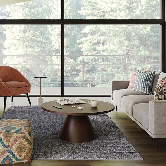 SIMPLIHOME Winnie Coffee Table - 30 inch Wide Solid Acacia Wood Round Living Room Table in Walnut, Modern Center Table for Sitting Area or Lounge with Spacious Top and Pedestal Base, Assembled
