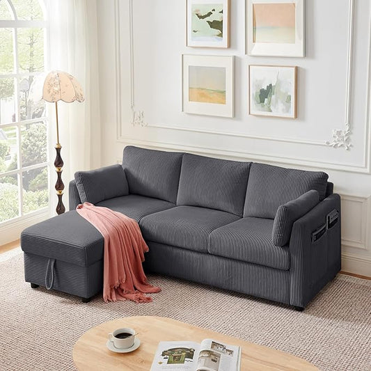 79" L Shaped Couch with Storage Ottoman, 3 Seater Corduroy Sofa with 2 Pillows and Storage Pockets, Small Modern Couches for Living Room, Apartment, Small Spaces, Home Office, Grey