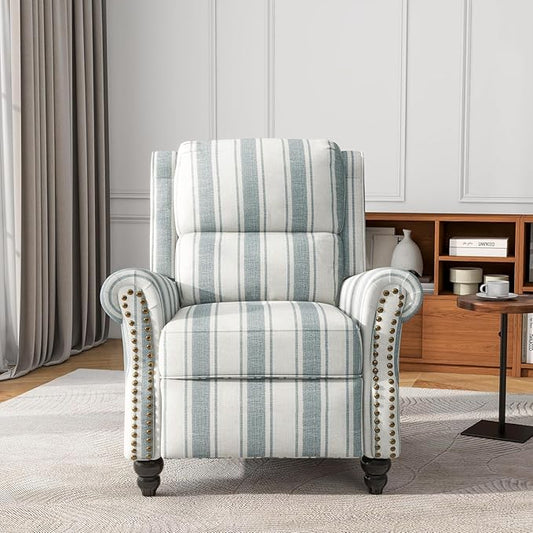 UIXE Pushback Recliner Chair Accent Chairs, Fabric Armchair Push Back Club Arm Chair for Living Room, Rivet Trim Overstuffed Home Theater Single Sofa Bedroom Reading Seat with Footrest - Stripe Blue