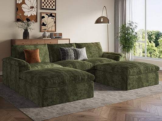 EASE MOOSE Oversized Cloud Couch Sectional Sofa, U-Shaped Modular Couch for Living Room, Minimalist Boneless Convertible Couches with Ottoman, 5-Seat Deep Sofas for Bedroom, Chenille (Green)