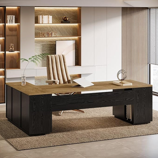 Tribesigns 85.8-Inch L-Shaped Executive Office Desk with File Drawers & Storage Cabinet, Professional Corner Computer Desk Extra Large Business Workstation with Adjustable Shelves (Light Brown&Black)