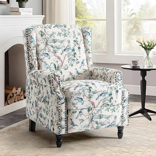 UIXE Pushback Floral Recliner Chair, Fabric Upholstered Armchair Push Back Accent Chair for Living Room, Rivet Trim Club Chair Home Theater Single Sofa Bedroom Reading Seat - Bird