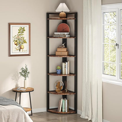 TRIBESIGNS WAY TO ORIGIN Corner Shelf, 70.9 Inch Tall Corner Bookshelf, 6 Tier Ladder Shelf with Metal Frames Multifunctional Modern Bookcase for Living Room, Home Office, Kitchen, Small Space (Brown)