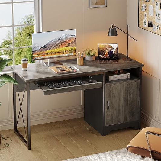 Bestier Office Desk with Keyboard Tray, Industrial Computer Desk with Storage, Reversible Executive Desk with File Cabinet for Home Office Bedroom, 47 inch Grey