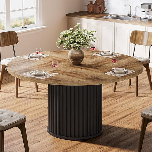 Tribesigns Round Dining Table for 4-6, 47-Inch Modern Circle Kitchen Table with Fluted Round Base, Farmhouse Wood Dinner Table for Dining Room, Kitchen, Living Room, Brown and Black