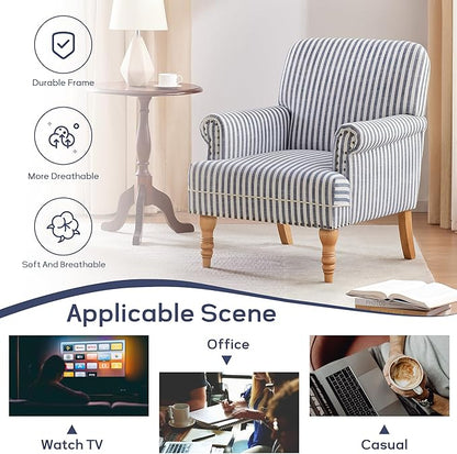 HUIMO Linen Fabric Accent Chair, Mid-Century Modern Armchair with Solid Wood Legs, Single Sofa Chair,Upholstered Reading Club Chair (1, Dark Blue and White Stripe)