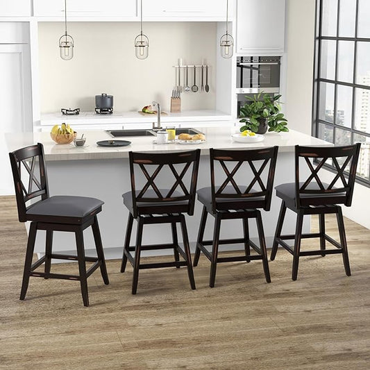 COSTWAY Bar Stool Set of 4 for Kitchen Island, 25" Counter Height Chair with Ergonomic Backrest, Foot Rest, Waterproof PVC Surface & Solid Wood Structure, 360°Swivel Farmhouse Barstool with Back