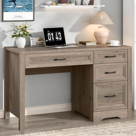 Vabches Farmhouse Executive Desk with Storage and Ample File Drawer, Rustic Large Home Writing Desk for Bedroom, Grey