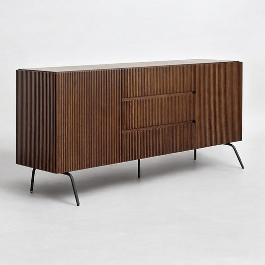 NTC Veil Large Sideboard with 2 Doors and 3 Drawers, Buffet Cabinet with Vertical Groove Design and Metal Legs, Storage Cabinet for Living Room, and Entryway, Effortless Assembly - Dark Walnut
