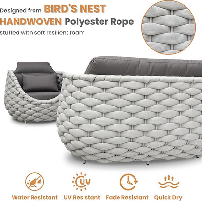 Lanai Outdoor Furniture Set: 6-Piece Aluminum Woven Rope Patio Conversation Sofa Set w/Table - Modern Cushions Couch Set - No Assembly Metal Porch Seating for Deck Yard Garden Pool Hotel Resort