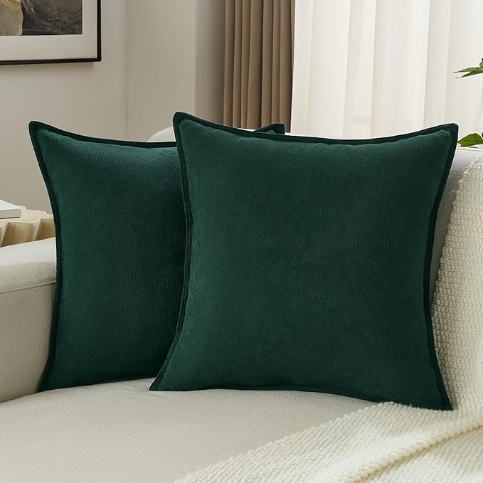 FUTEI Christmas Dark Green Chenille Throw Pillow Covers 24x24 Inch Set of 2,Edges Double-Stitched European Cushion Cases,Modern Home Decor for Couch Living Room