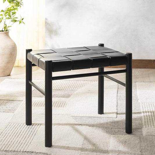 SAFAVIEH Couture Collection Devnie Black Woven Leather & Black Solid Wood Ottoman (Fully Assembled)