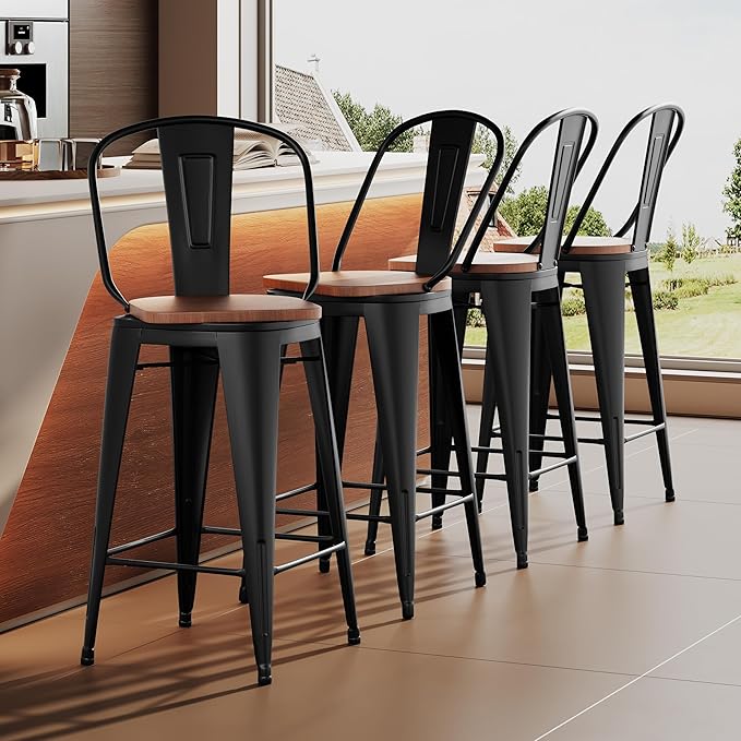 Aklaus Swivel Metal Bar Stools with Backs Counter Stools Set of 4 Counter Height Stools High Back Bar Chairs 24 Inch Barstools Farmhouse Matte Black