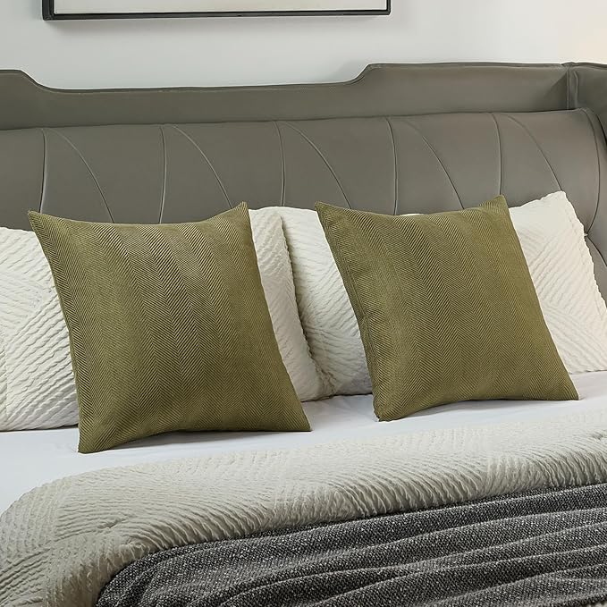 FUTEI Olive Green Chenille Throw Pillow Covers 12x20 Inch Set of 2,Soft Wide Chevron Textured Lumbar Pillow Cases,Farmhouse Home Decor for Couch Bed Living Room