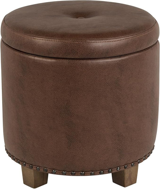 Homepop Home Decor | Upholstered Round Storage Ottoman with Nailheads| Ottoman with Storage for Living Room & Bedroom, Brown Faux Leather