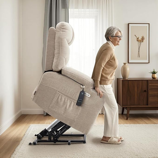 MCombo Oversized Power Lift Recliner Chair with Extended Footrest for Elderly People, Fabric R7289 (Oatmeal, Medium-Oversize)