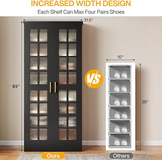 Tribesigns 70-Inch Tall Shoe Cabinet with Doors, 8-Tier Shoe Storage Cabinet with Adjustable Shelves, Modern Shoe Organizer Shoe Rack Cabinet for Entryway, Hallway, Closet, Living Room, Black and Gold
