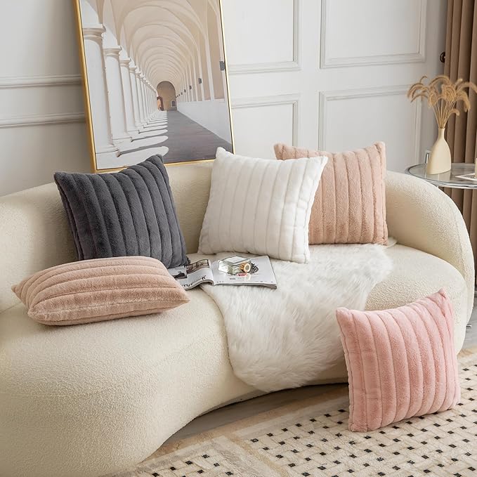 Pack of 2 Faux Fur Throw Pillow Covers 24x24 Inch Striped Decorative Soft Plush Couch Pillow Case Home Decor for Bed, Sofa, Living Room Beige