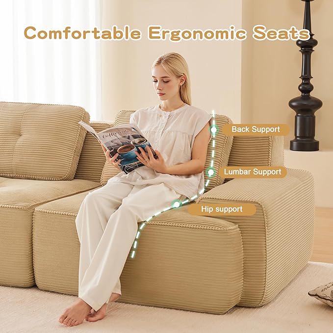 115.3” Camel Boneless Couches for Living Room, Modular Sectional Sofa with L-Shape Chaise, 3 Seater Comfy Upholstered Deep Seat Corduroy Fabric Cloud Couch No Assembly, Anti-Slip Design