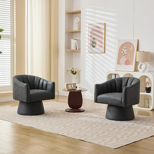 Swivel Accent Chair Set of 2,Faux Leather 360°Swivel Barrel Chair Upholstered Modern Living Room Chair, Overstuffed Reading Armchair for Bedroom,Vanity,Office-Black
