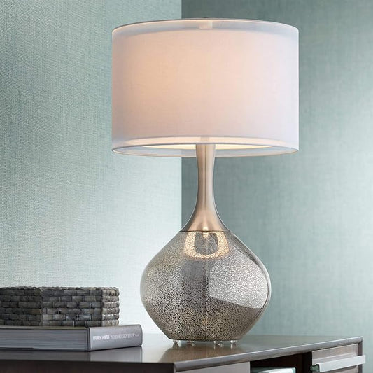 Possini Euro Design Swift Modern Table Lamp 30 1/2" Tall Mercury Glass Chrome Metal Neck Twin Double Drum Shade Decor for Bedroom Living Room House Bedside Nightstand Home Office Entryway Family