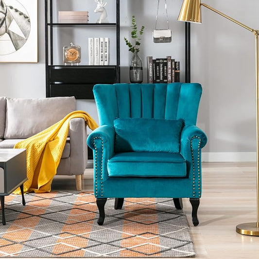Accent Reading Arm Chairs Set of 2 Midcentury Modern Comfy Corner Sofa Chair, Wingback Waiting Room Club Chair with Tufted Back for Living Room/Bedroom/Reception Room, Velvet Teal