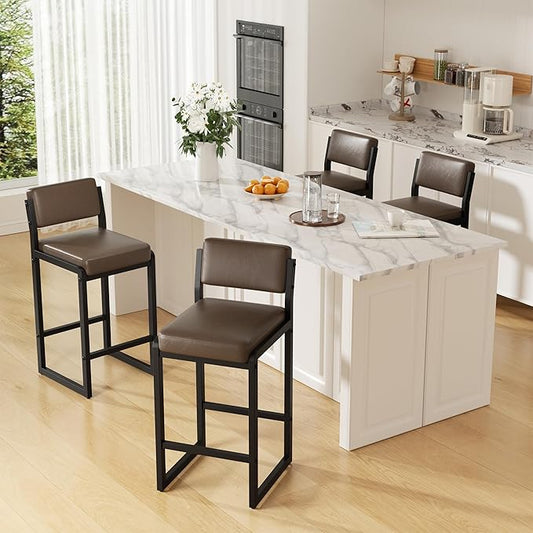 Bar Stools, Faux Leather Counter Height Bar Stools with High Back and Metal Legs, Upholstered Bar Chairs, 26" Modern Barstools for Kitchen Island, Dark Brown