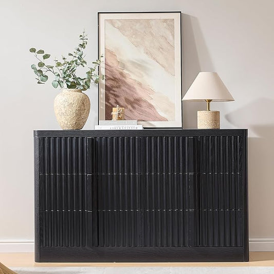 Black Fluted Dresser for Bedroom, 47" Wide 6 Drawer Dresser, Modern TV Stand Set, Curved Profile Design, Chest of Drawers with Solid Wood Handle for Living Room, Bedroom, Hallway