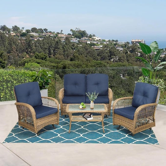 VIVIJASON 4-Piece Outdoor Patio Wicker Conversation Sets, All Weather Outdoor Rattan Furniture Set Includes Glider Loveseat, Coffee Table, 2 Glider Rocker Chairs w/Cushion for Lawn Balcony, Navy Blue