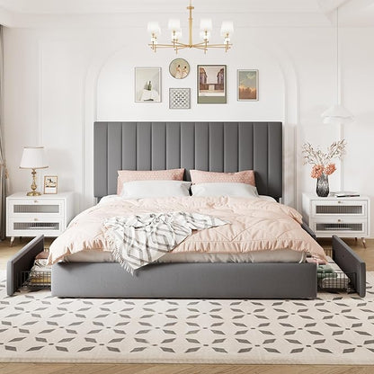 Allewie King Size Storage Bed Frame, Vertical Channel Tufted Adjustable Headboard, Velvet Upholstered Platform Bed with 4 Oversized Underbed Drawers, Wooden Slats Support, No Box Spring Needed, Grey