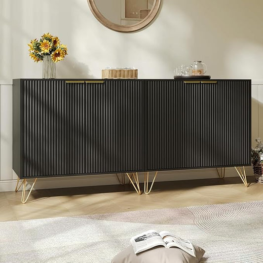 Fluted Storage Cabinet, Set of 2, Sideboard Buffet Cabinet, Modern Wood Accent Cabinet with Adjustable Shelves, Console Table for Living Room, Hallway, Entryway, Black