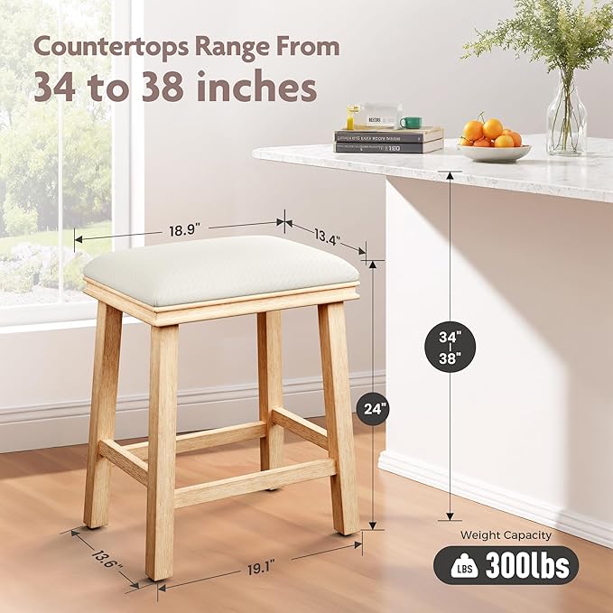 ALPHA HOME 24 inch Barstools Set of 2, Solid Wood Kitchen Stools with PU Leather Cushion Counter Height Bar Stools for Indoor, White Seat and Wooden Legs, 2PCS