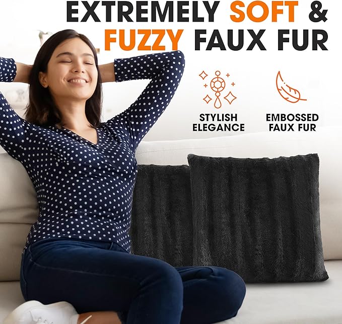 Cheer Collection Faux Fur Throw Pillows - Decorative Pillows for Couch, Bed Throw Pillows, Black Accent Pillows for Bedroom or Living Room Aesthetic, Set of 2 Furry Throw Pillows, 26" x 26"
