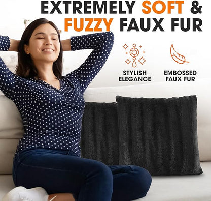 Cheer Collection Faux Fur Throw Pillows - Decorative Pillows for Couch, Bed Throw Pillows, Black Accent Pillows for Bedroom or Living Room Aesthetic, Set of 2 Furry Throw Pillows, 20" x 20"