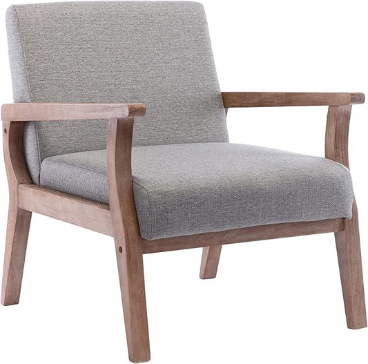 Mid Century Modern Accent Chair, Linen Upholstered Living Room Accent Armchair with Wood Frame, Farmhouse Chair for Living Room Bedroom, Gray