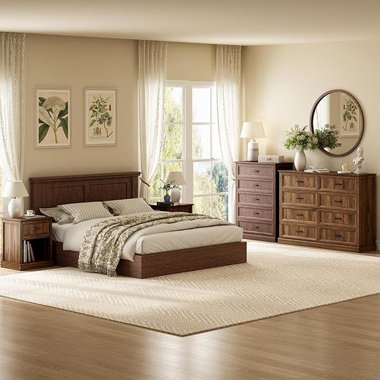 CARPETNAL Farmhouse Dresser and Nightstand Sets for Bedroom, 4 Pcs Bedroom Set, 5 Drawer & 8 Drawer Dresser and Nightstand Set of 2, Wood Chest of Drawers for Living Room, Entryway, Brown