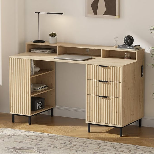 55" Fluted Executive Desk with Charging Station, Modern Wood Home Office Desk with with Storage Shelf & File Drawer, Writing Study Computer Table for Work Study, Light Oak