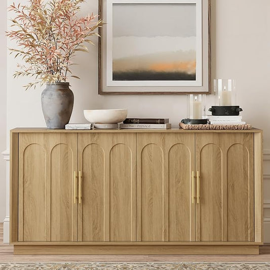 Sideboard Buffet Cabinet with Storage, Modern Accent Cabinet with Arched Doors, Boho Modular Media Console, 67" Large Minimalist Credenza for Living Room Kitchen Dining Room Entryway, Oak