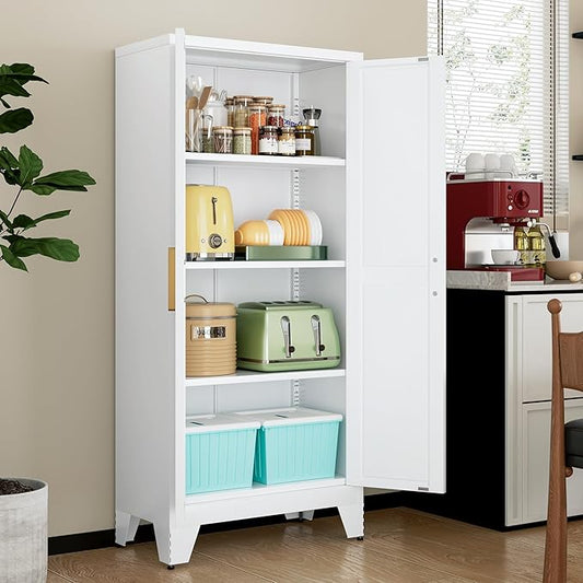 61" Tall Metal Storage Cabinet with 2 Doors and 3 Adjustable Shelves, 4-Tier Kitchen Pantry Storage Cabinet for Kitchen, Living Room, Dining Room and Office, White