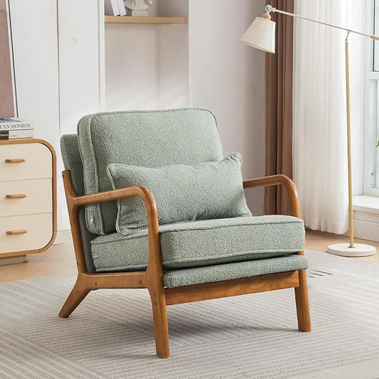 Mid-Century Accent Chair,Sherpa Fabric Lounge Chair with Wide Armrest,Sherpa Fabric Armchair with Lumbar Pillow & Solid Wood Frame for Living Room, Bedroom, Balcony (Green)